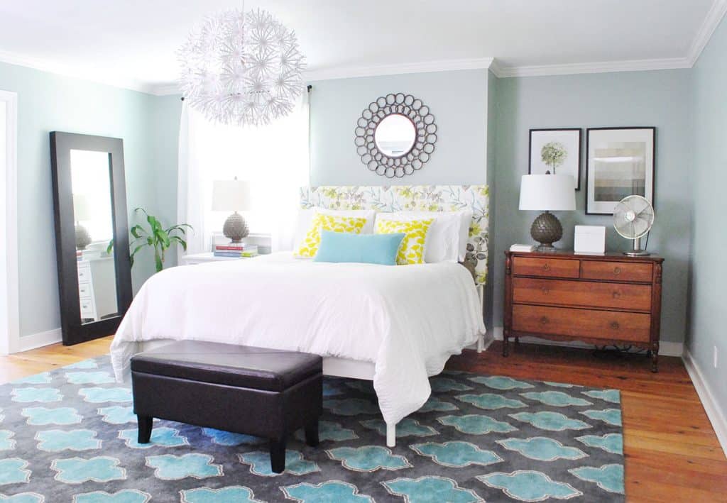 diy-upholstered-headboard-after-bedroom-full-1024x709-1 Blue bedroom with patterned DIY upholstered floral headboard