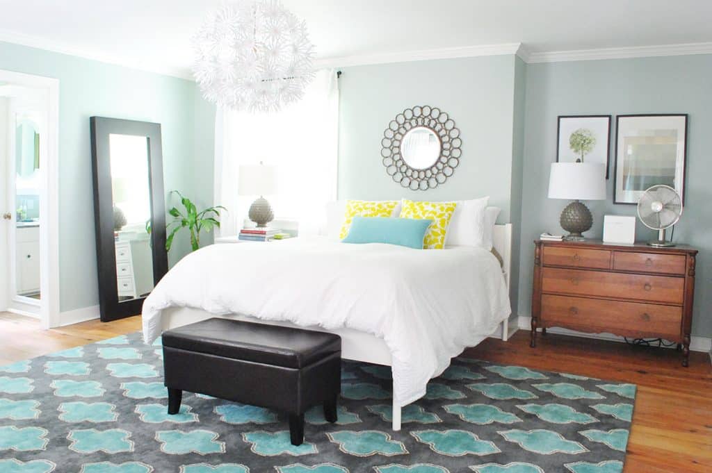 diy-upholstered-headboard-bed-before-1024x681-1 Colorful blue bedroom with no headboard