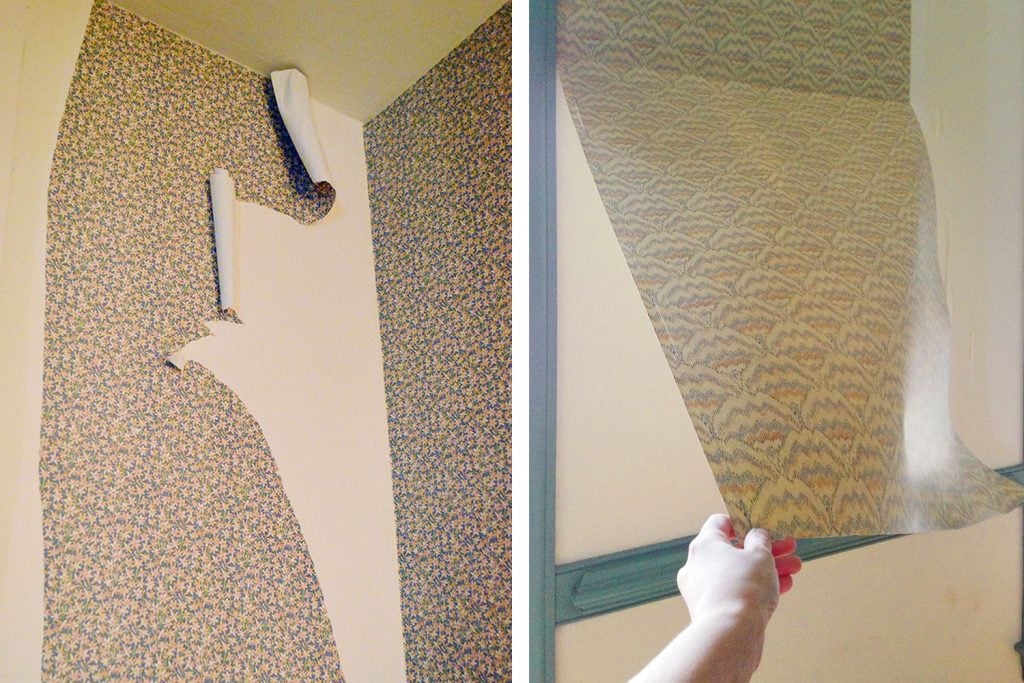 Side by Side of Torn Wallpaper Strips And Full Sheet Coming Off