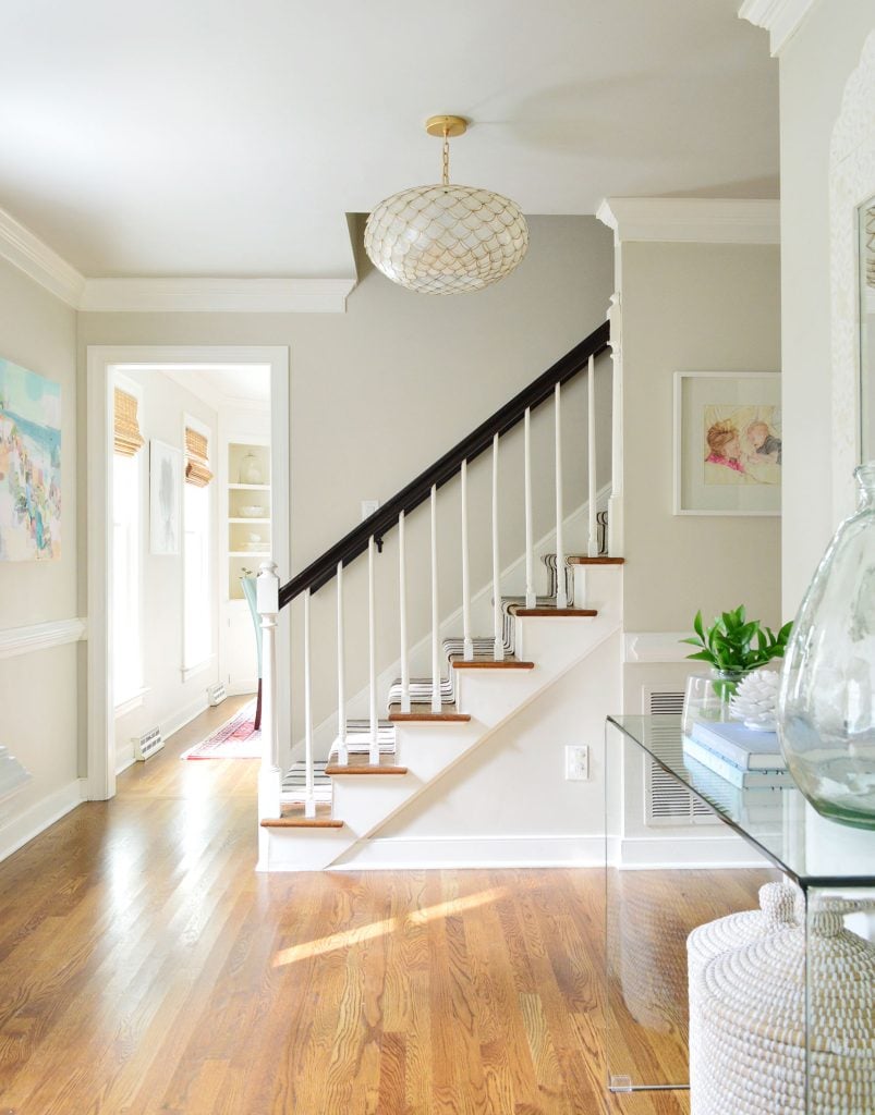 edgecomb-gray-foyer-with-stairs-803x1024-1 Bright Foyer With Edgecomb Gray Paint On Walls