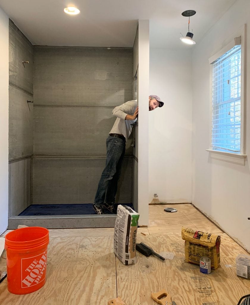 ep156-john-in-bathroom-shower-mid-reno-840x1024-1 John Standing In Shower Mid Bathroom Renovation