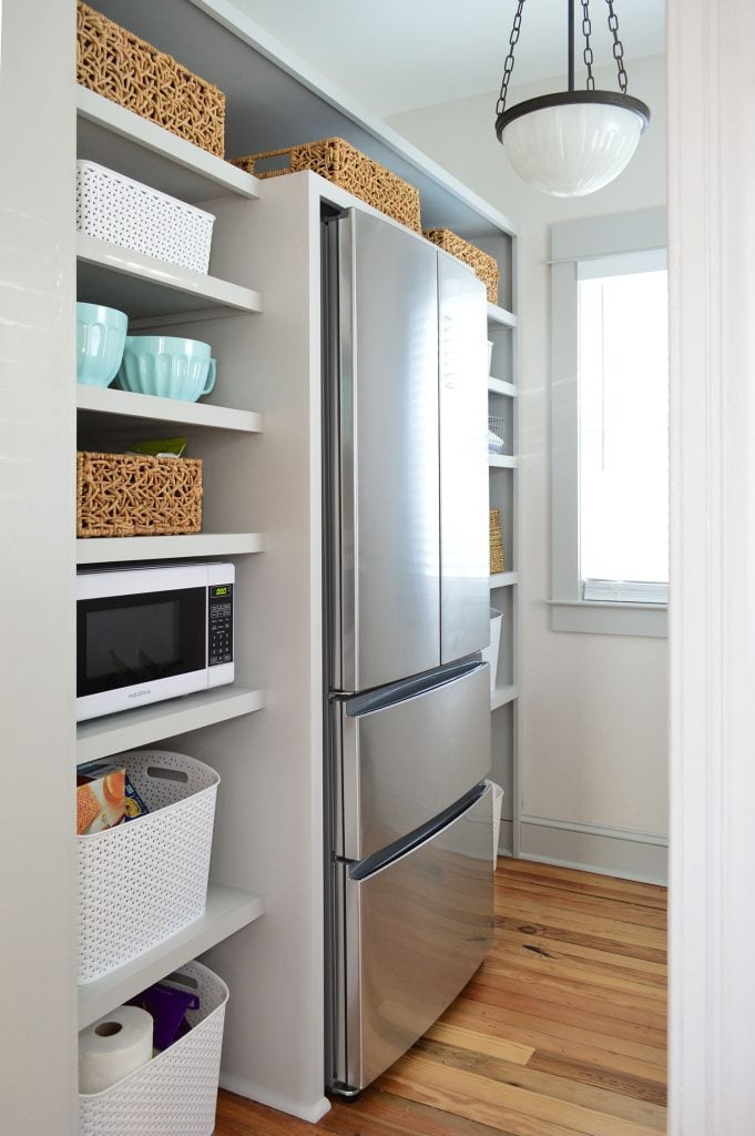 ep83-beach-house-pantry-painted-681x1024-1 DIY pantry shelves built around a refrigerator
