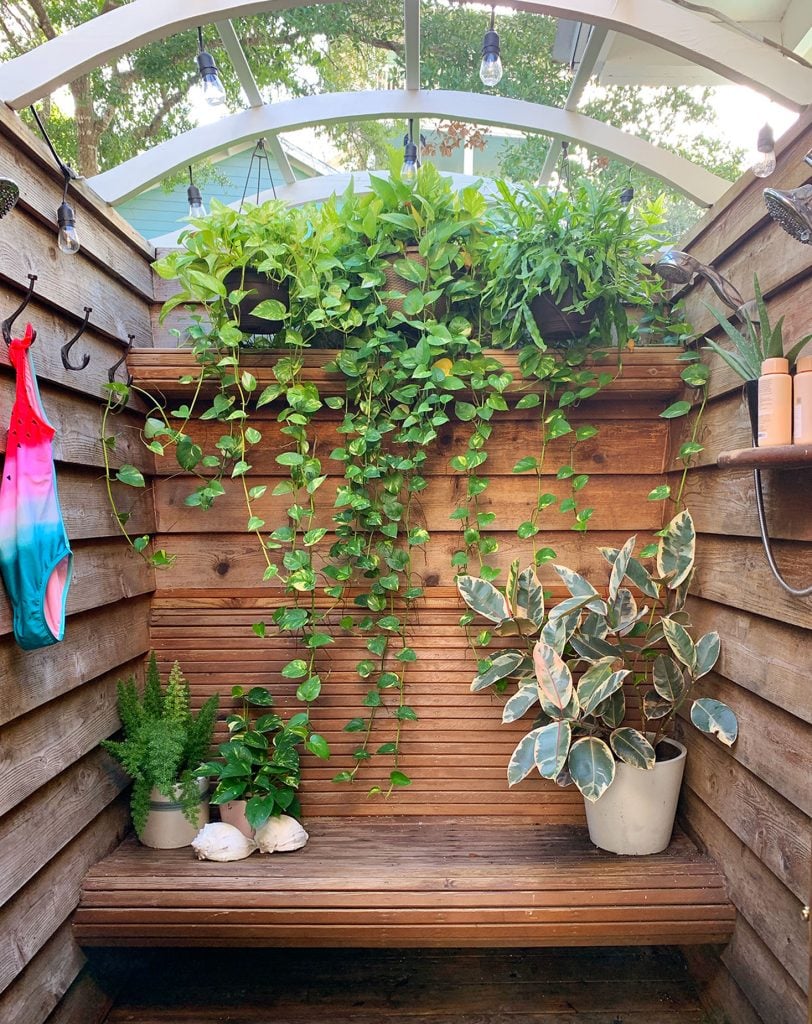 front-porch-fall-outdoor-shower-alt-812x1024-2 Wood Slatted Outdoor Shower With Cascading Hanging Plants