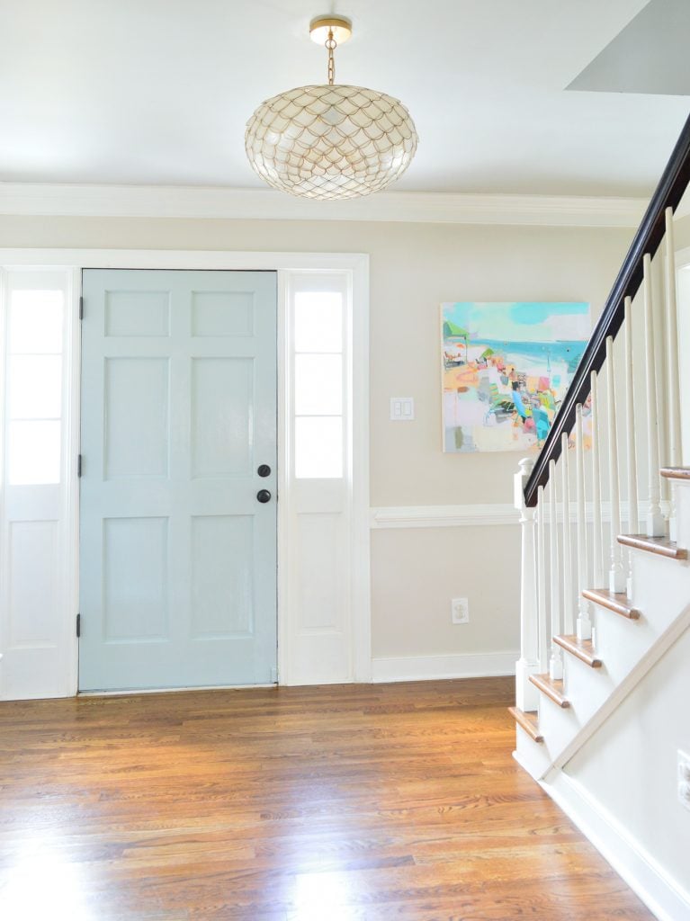 glossy-front-door-foyer-tranquility-767x1024-1 Bright Foyer In Richmond Home With Capiz Light And Blue Painted Door