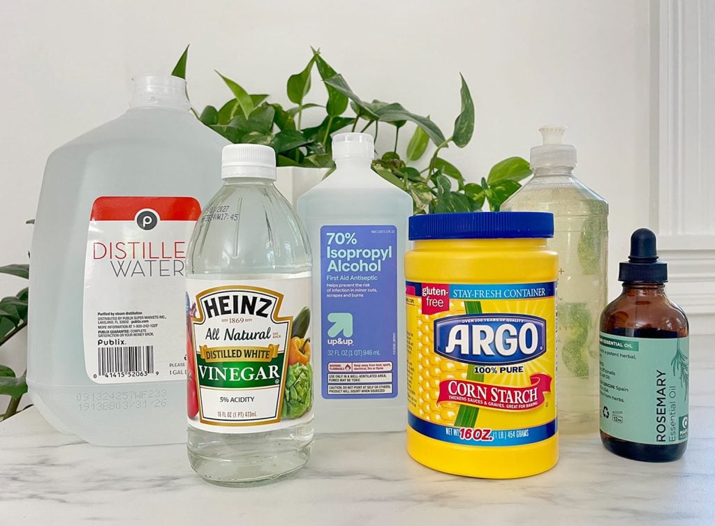 homemade-glass-cleaner-ingredient-lineup-1024x754-1 Active Cleaning Ingredients In Homemade Glass Cleaner Distilled Water White Vinegar Rubbing Alcohol CornStartch Dish Soap And Essential Oil