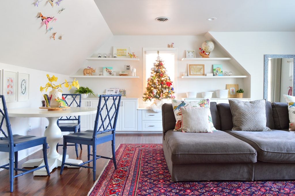 house-tour-2018-bonus-room-new-table-1024x681-1 Bonus Room With Large Couch And Drawing Table With Ornate Blue Chairs