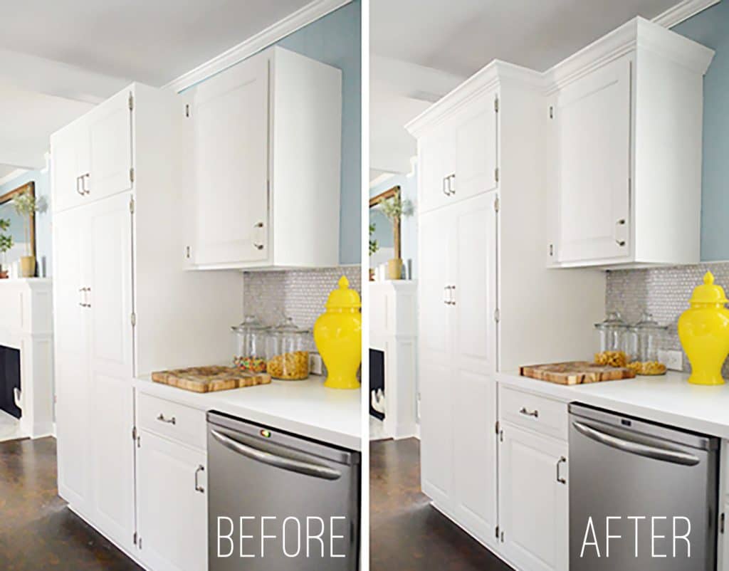 kitchen-cabinet-crown-before-after-1024x802-1 Side-by-side before & after of white kitchen cabinets during crown molding installation