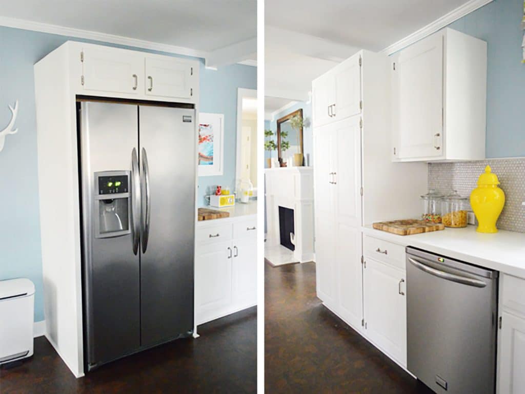 kitchen-cabinet-crown-before-side-by-side-1024x769-1 Side By Side of White Kitchen Cabinets Without Any Crown Molding On The Uppers