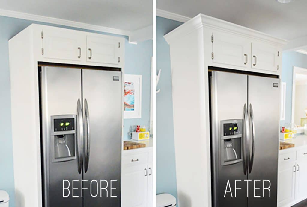 kitchen-crown-before-after-fridge-1024x692-1 Side-by-side before & after of white refrigerator cabinets during crown molding installation