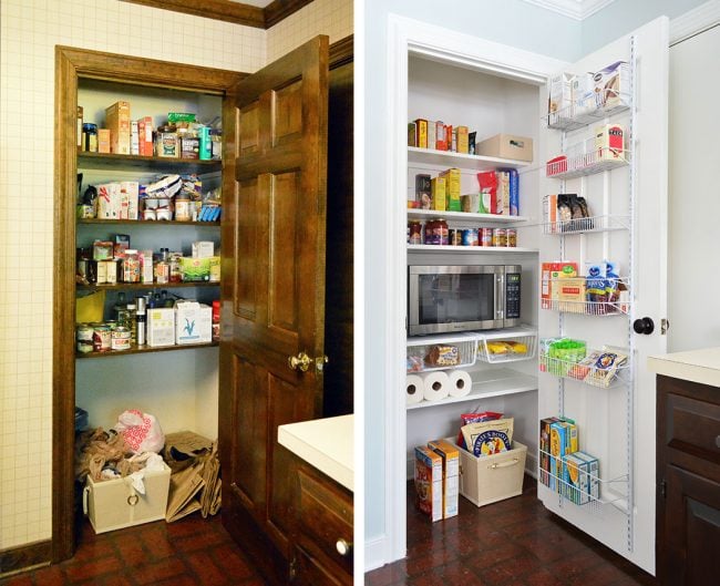 kitchen-pantry-makeover-side-by-side-650x529-1 closet pantry makeover with paint new shelving door organization
