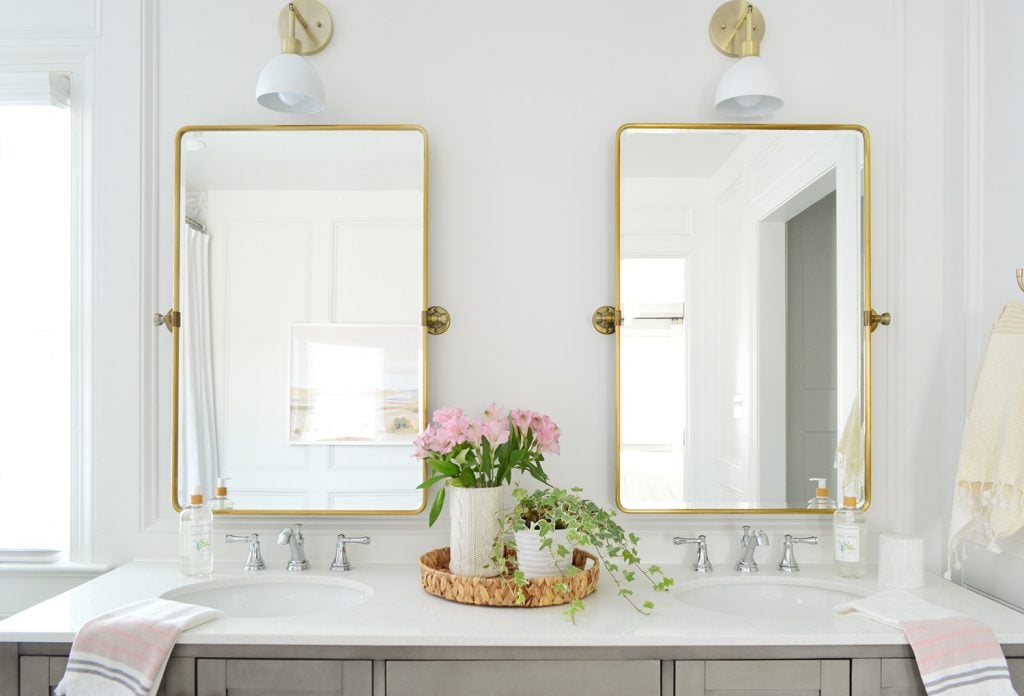 marble-master-bathroom-straight-at-mirrors-wide-1024x696-1 Two gold pivot mirrors over gray bathroom double vanity