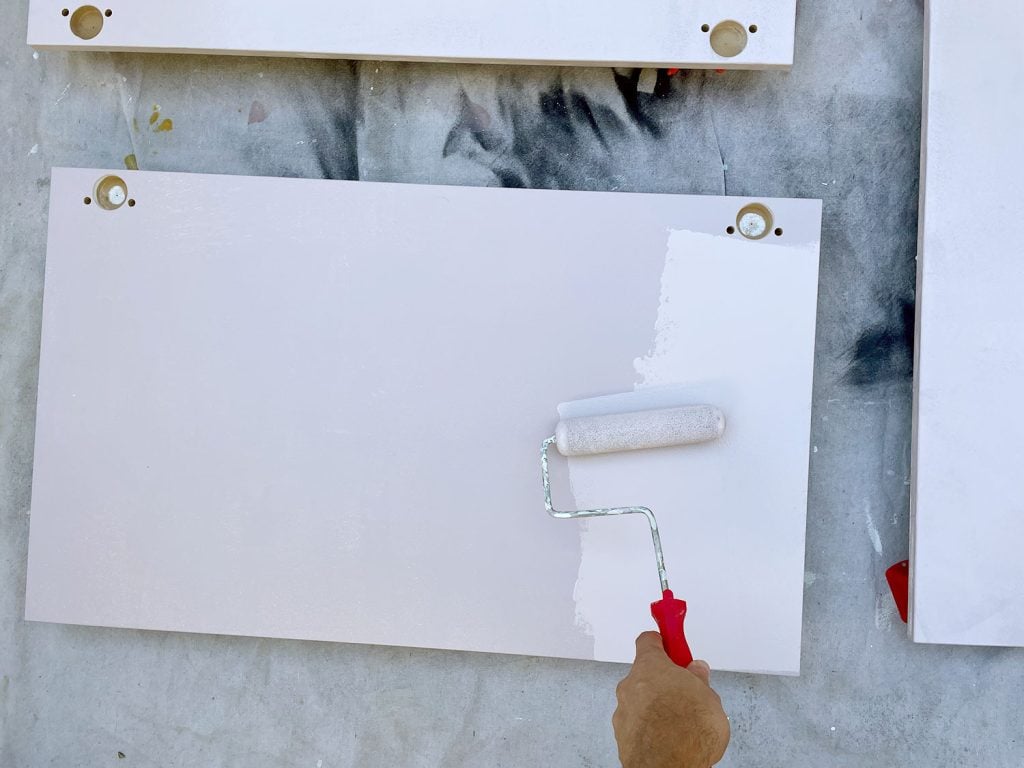 painting-ikea-cabinets-second-coat-back-1024x768-1 Applying Pink Paint To Ikea Kitchen Cabinet Doors With Small Foam Roller