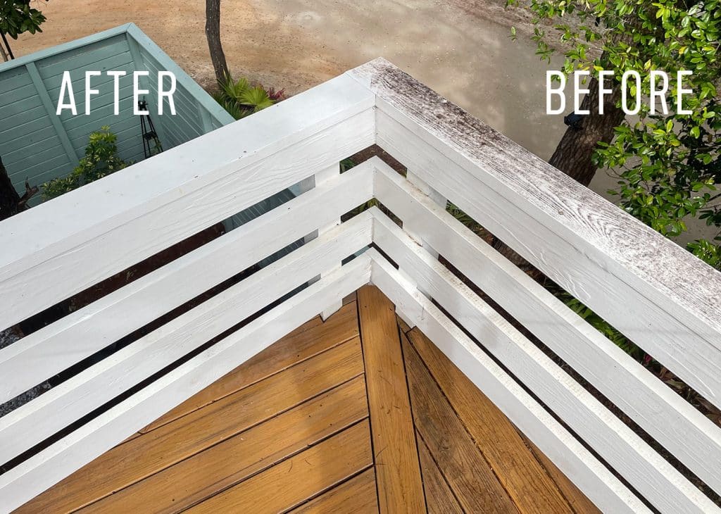 pressure-washing-101-deck-patio-corner-with-text-1024x730-1 Before And After of upper deck with half pressure washed railings and Trex decking