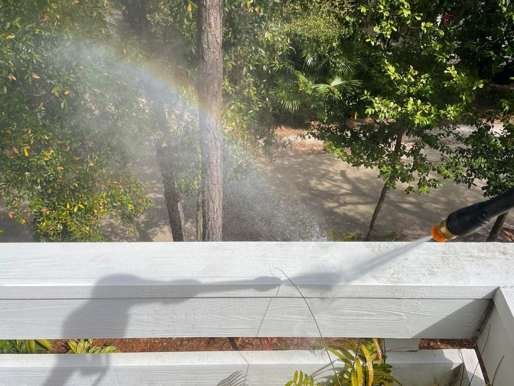 pressure-washing-101-rainbow-1024x768-1 Rainbow created by overspray during pressure washing railings on deck