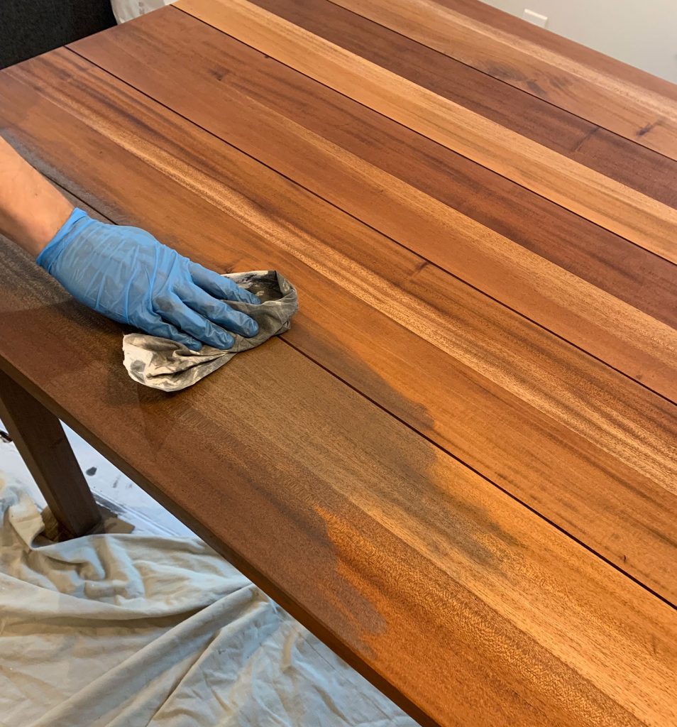 refinishing-duplex-dining-table-staining-cb-table-darker-954x1024-1 Overstain Darker Color Being Applied To Refinsihed Dining Table