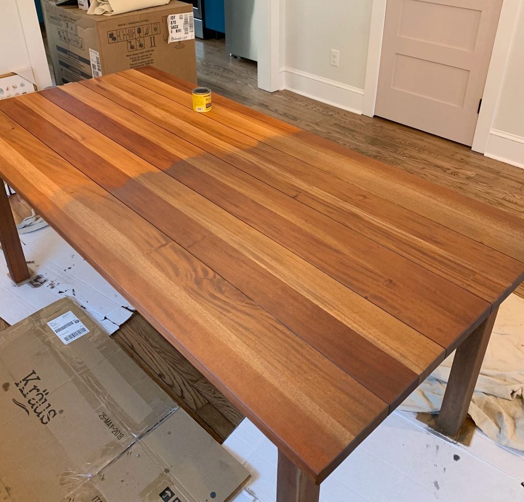 refinishing-duplex-dining-table-staining-cb-table-darker-half-done-1024x982-1 Refinished Dining Table Halfway Stained With Minxwax