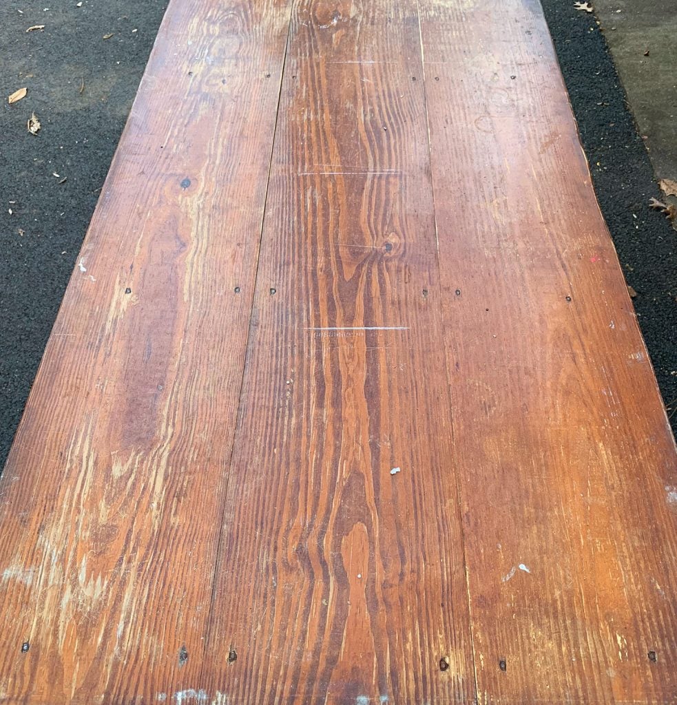 sanding-duplex-dining-table-before-farmhouse-top-983x1024-1 Before Photo of Old Dinign Room Table Top Finish With Damage