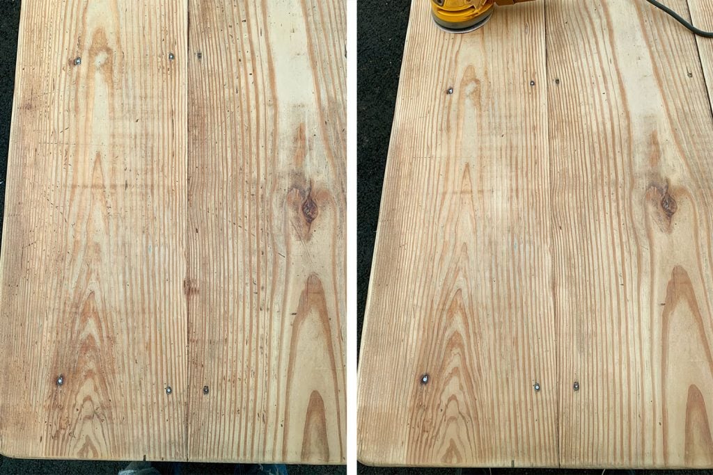 sanding-duplex-dining-tables-before-after-orbital-sander-1024x683-1 Fully Sanded Wood Dining Table With Old Finish Removed To Raw Wood