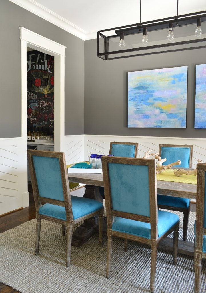 simply-white-as-wainscotting-in-blue-dining-room-721x1024-1 Modern Blue Dining Room Kendall Charcoal Wall And White Wainscoting