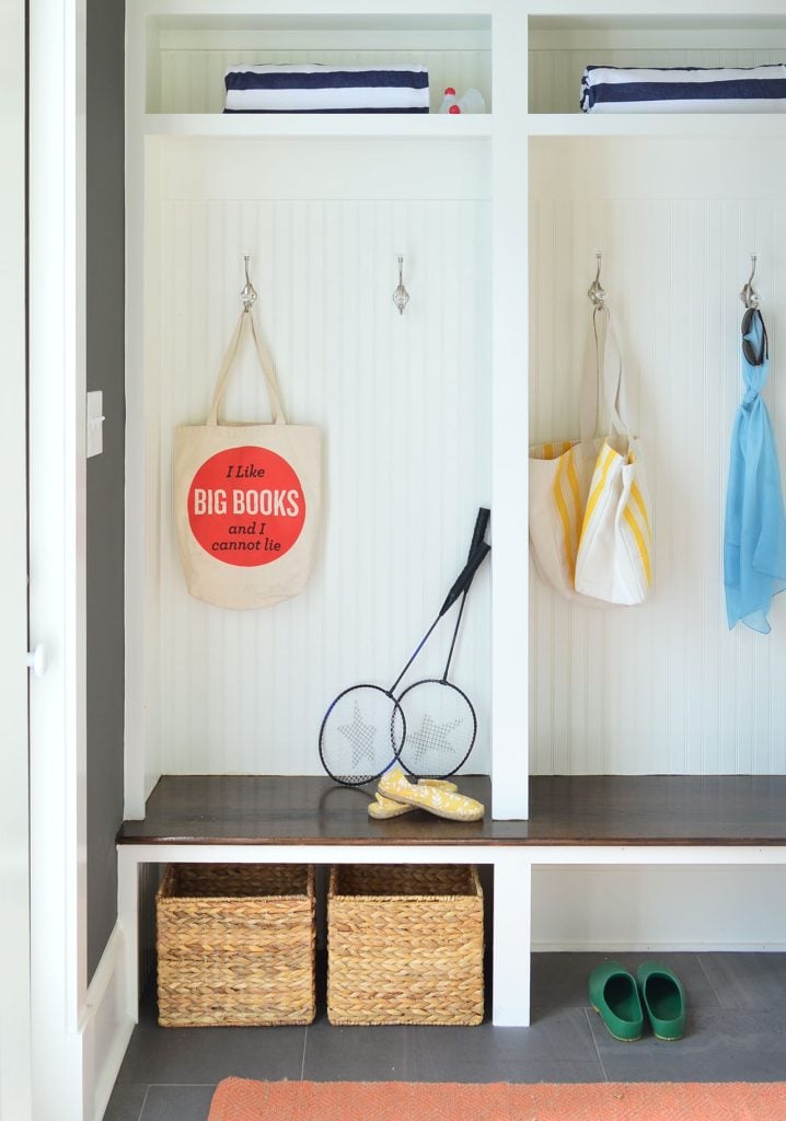 simply-white-mudroom-cubby-cabinets-built-in-718x1024-1 Mudroom Cubby Storage With Simply White Paint