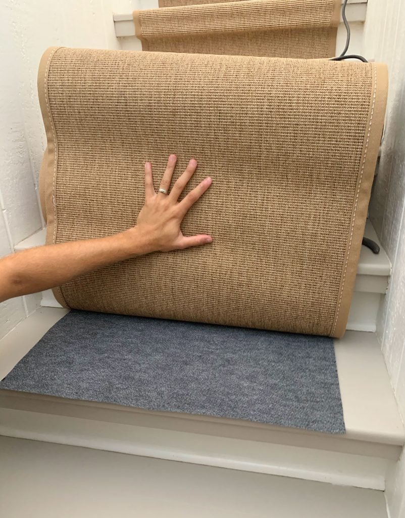 sisal-stair-runner-rug-pad-on-tread-802x1024-1 Cut Piece Of Foam Rug Pad Placed Under Sisal Stair Runner