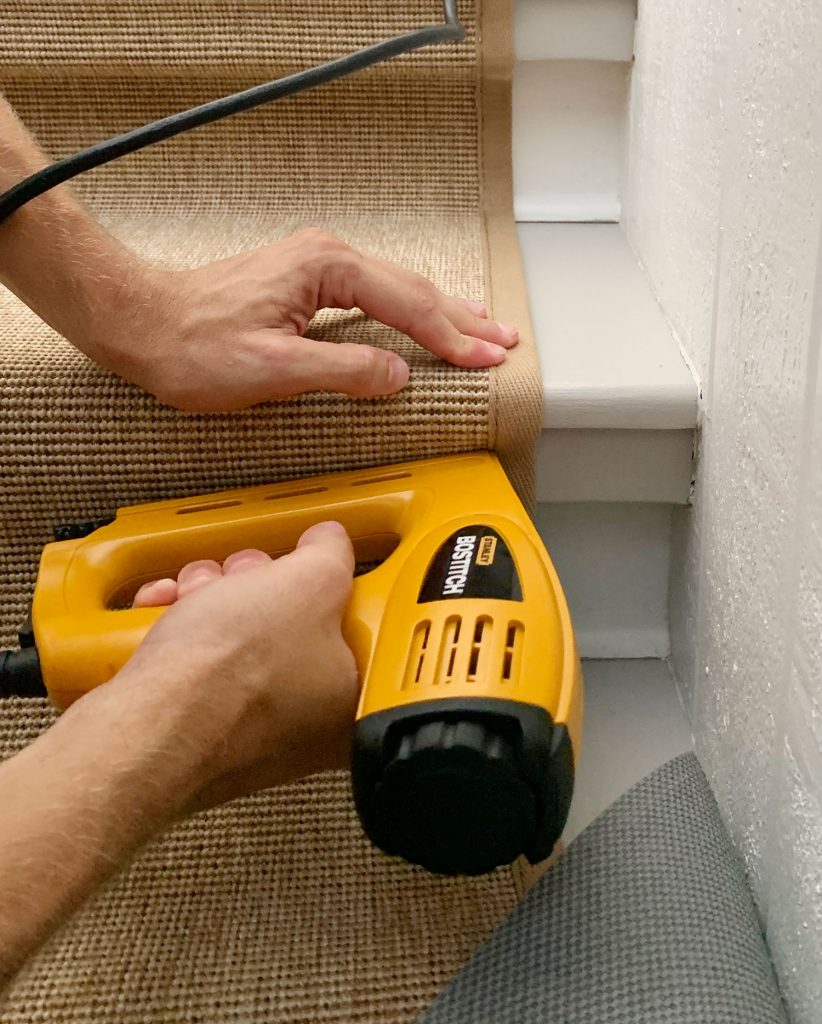 sisal-stair-runner-sapling-under-tread-lip-822x1024-1 Yellow Electric Stapler Attaching Runner Under Lip Of Stair Tread