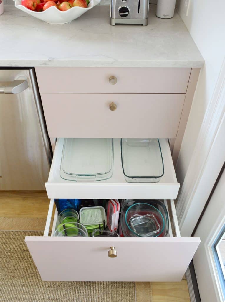 small-kitchen-org-glassware-drawer-764x1024-1 Hidden Drawer In Ikea Kitchen With Glass Bakeware