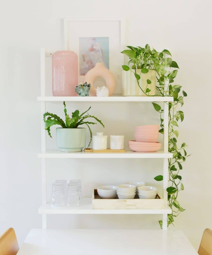 small-kitchen-org-table-shelf-851x1024-1 CB2 Shelf In Kitchen With Bowls Glasses And Plants