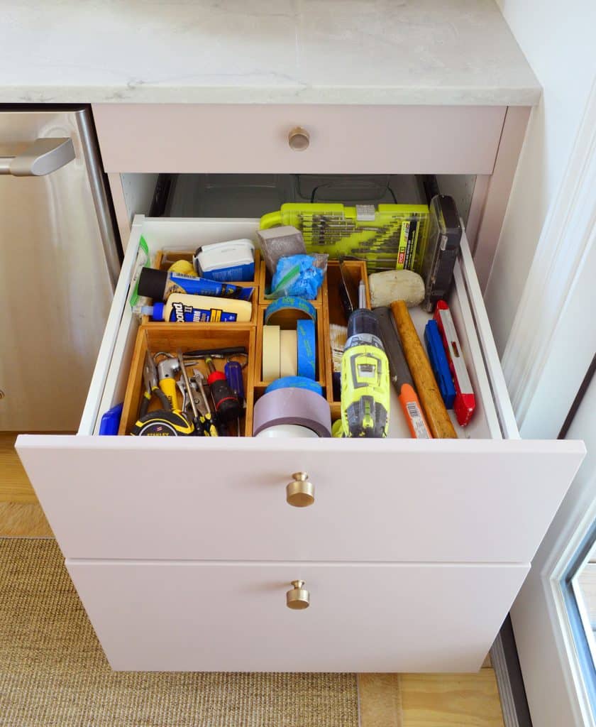 small-kitchen-org-tool-drawer-840x1024-1 Tools Stored In Ikea Kitchen Cabinet Drawer