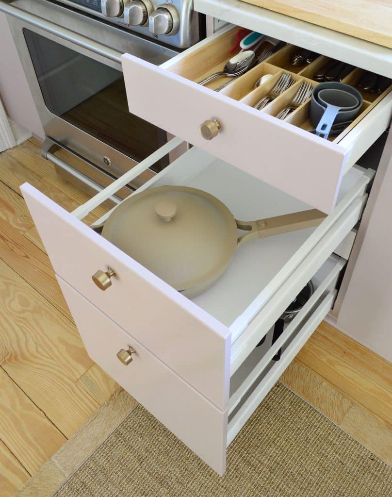 small-kitchen-org-utensil-pan-808x1024-1 3 Drawer Ikea Cabinet With Utensil Drawer And Pans