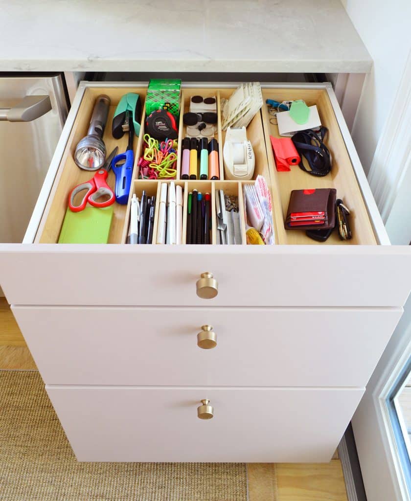 small-kitchen-organization-junk-drawer-1-840x1024-1 Junk Drawer Open In Base Cabinet Of Renovation Kitchen With Ikea Wood Dividers