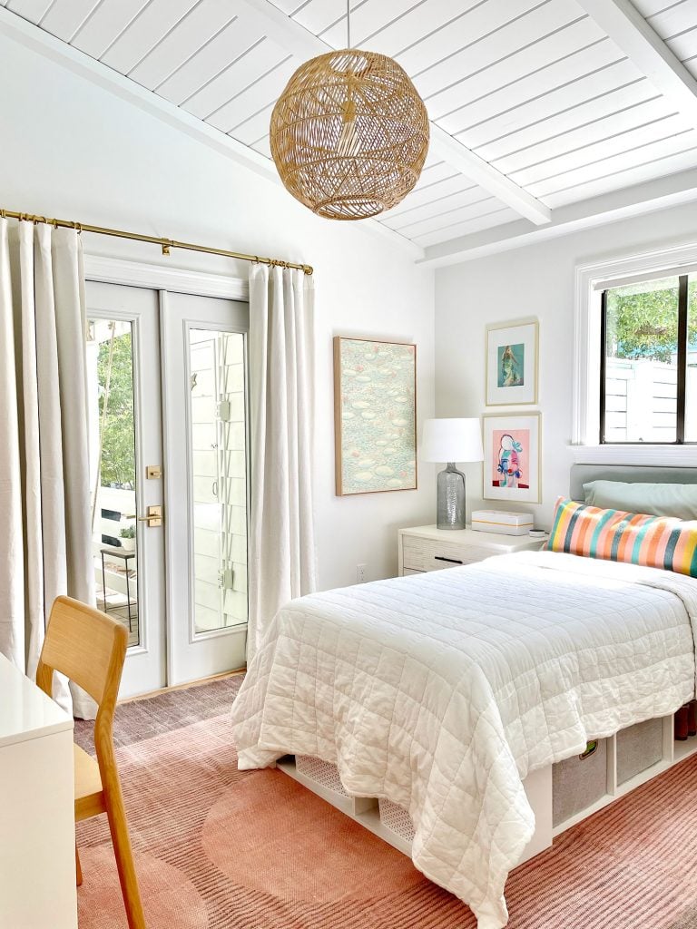 smart-storage-bed-daughters-room-768x1024-1 Girls Bedroom With Lofted Plank Ceiling And Pink Rug