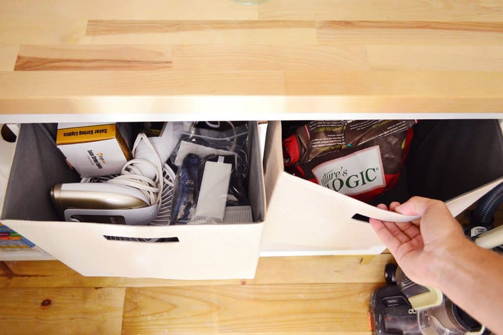 utility-closet-fabric-bins-pulled-out-1024x681-1 Fabric Bins In Cubby Shelf Pulled Opened With Storage