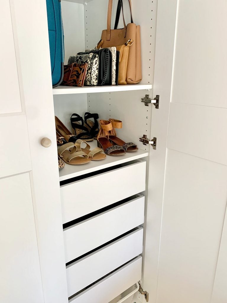 bedroom-closet-vertical-photo-sherry-side-768x1024-1 View inside Ikea Pax wardrobe with shoes and purses