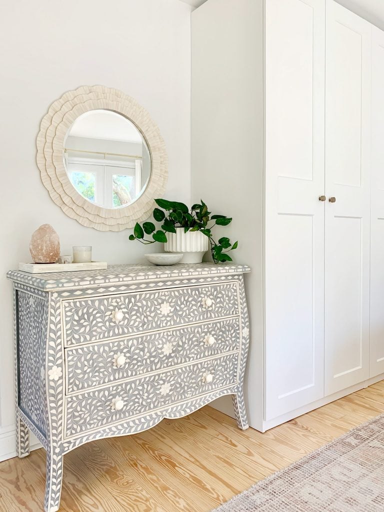 bedroom-closet-wall-vertical-where-door-goes-768x1024-1 Blue inlay dresser next to Ikea Pax wardrobes with white bone inlay mirror