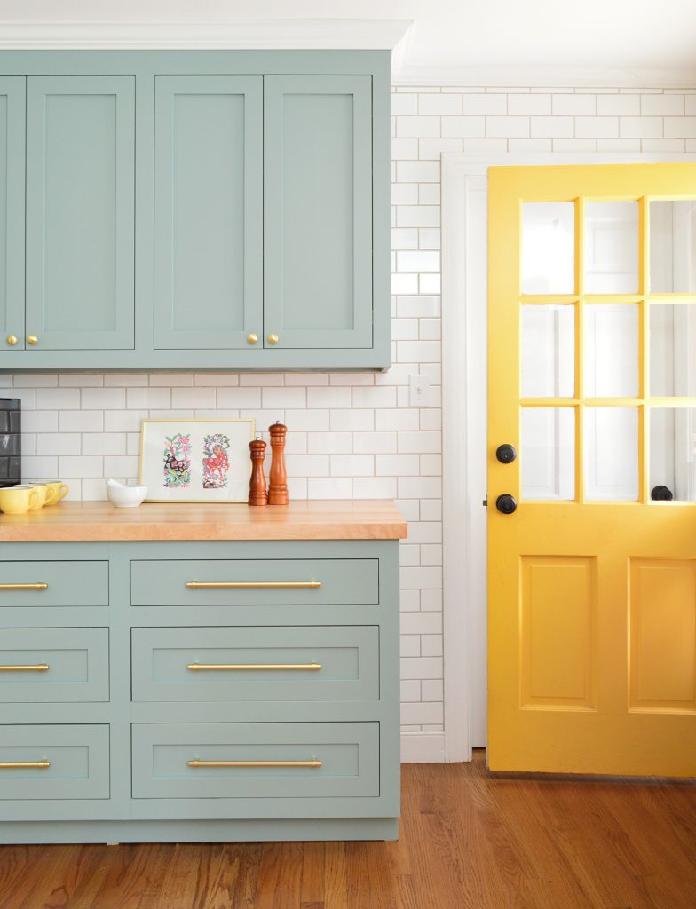 blue-green-kitchen-cabinets-yellow-door-open-784x1024-1 Bee Yellow Back Door Against Halcyon Green Blue Kitchen Cabinets