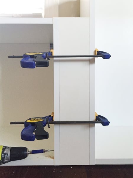 bonusbuilts-lowers-fillerdrillin how to add filler pieces to Ikea cabinets using clamps and screws