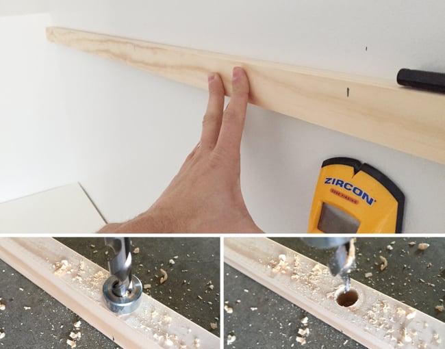 bonusbuilts-uppers-drillingholes marking the placement of studs on a piece of 1x2 pine wood board and drilling pilot holes to sink screws into