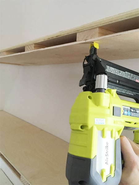 bonusbuilts-uppers-nailingbottom A Ryobi power nailer to attach thin plywood sheet to bottom of do it yourself floating shelves