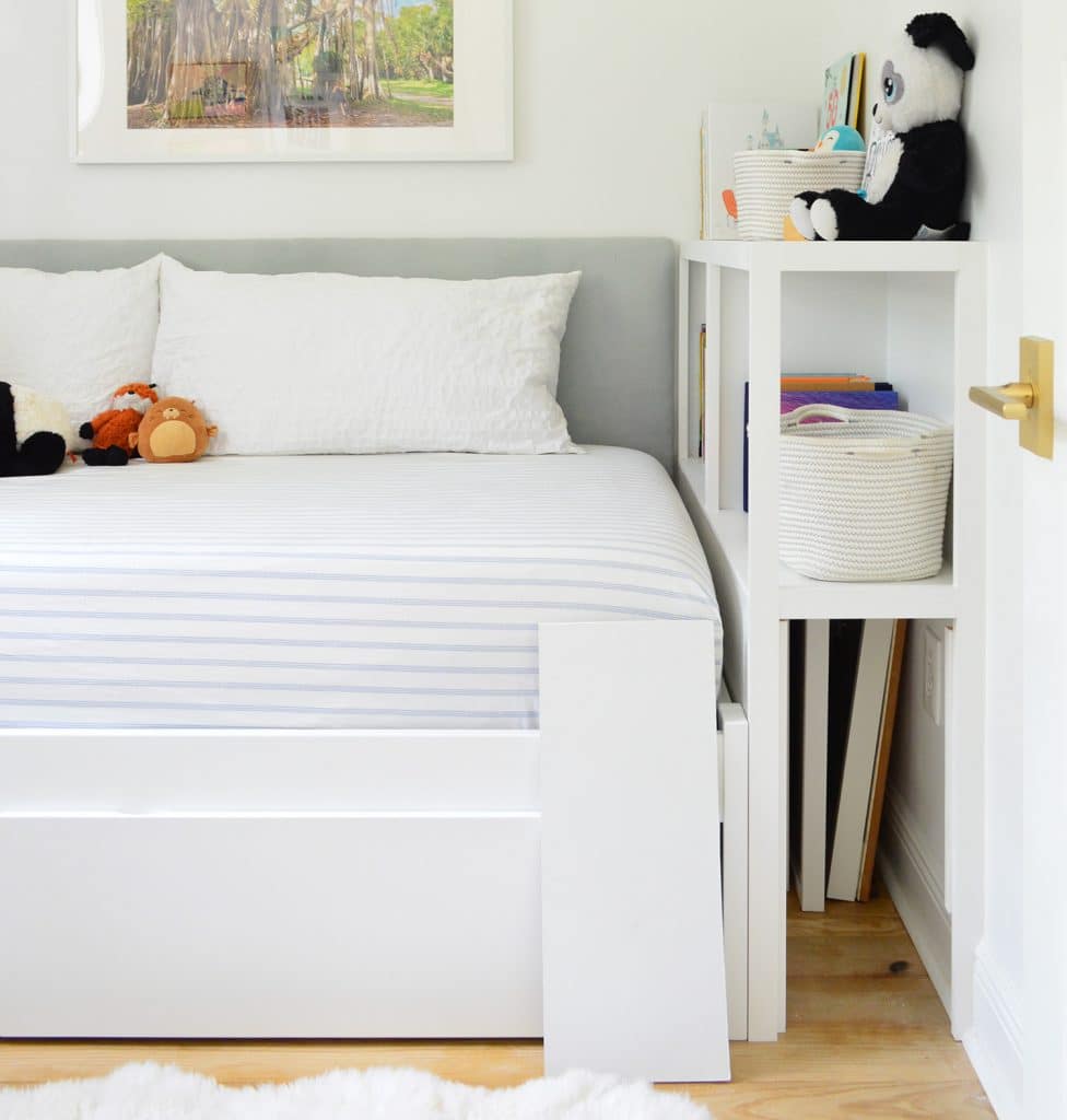 boys-bedroom-headboard-after-straight-open-cubby-976x1024-1 Built In Boys Bedroom With Hidden Cubby Storage Compartment Under DIY Bookcase