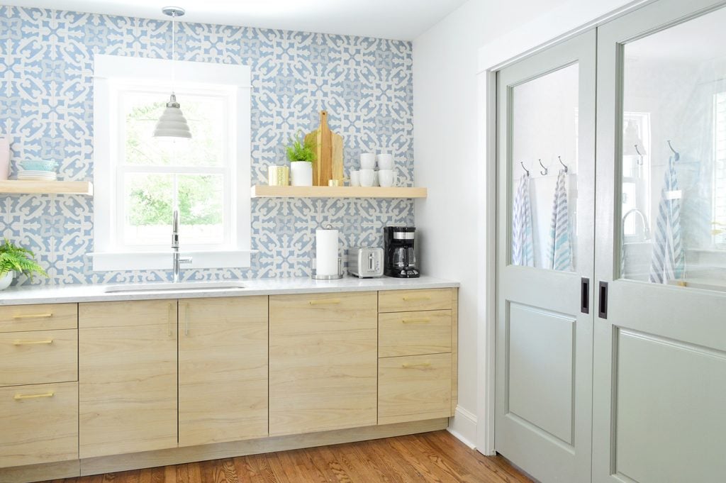 duplex-kitchen-blue-final-mudroom-doors-closed-1024x681-1 Floating Kitchen Shelves In Wood Toned Kitchen With Blue Backsplash