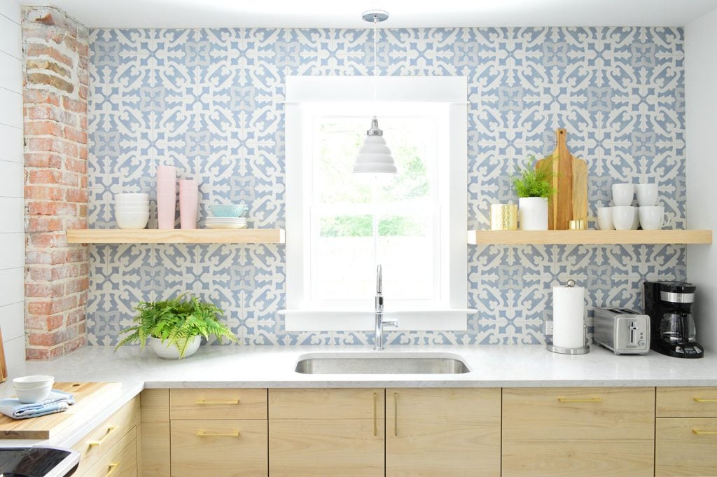 duplex-kitchen-blue-final-straight-closer-1024x681-1 Blue Tile Backsplash With Wood Floating Shelves In Kitchen
