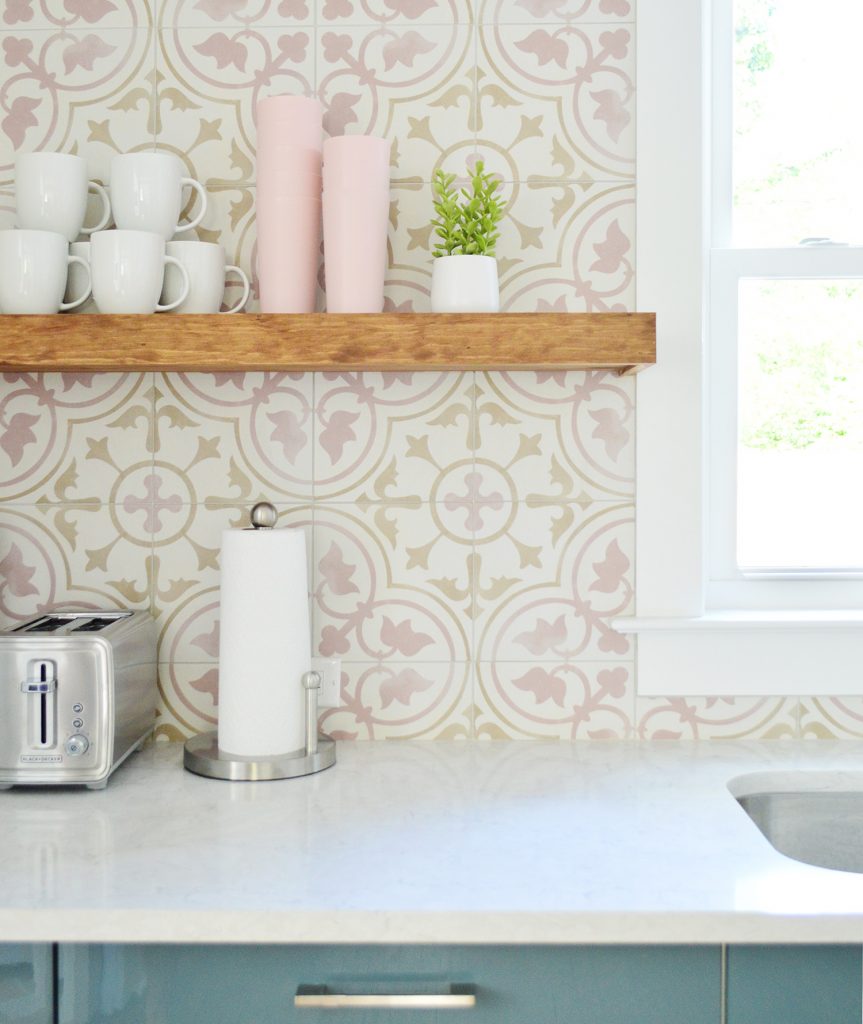 duplex-kitchen-pink-final-tile-floating-shelf-close-863x1024-1 Wood Toned Floating Kitchen Shelf Against Pink Patterned Tile Backsplash
