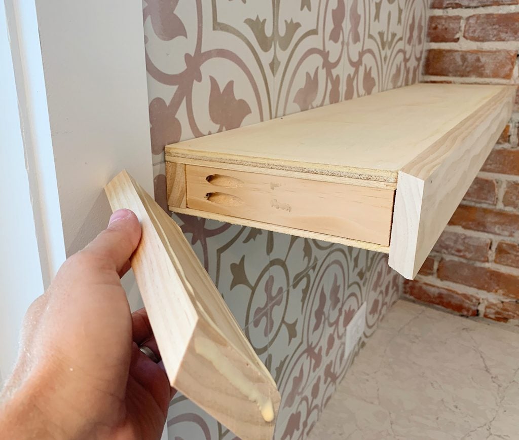 duplex-kitchen-shelves-adding-sides-1024x868-1 Hand Adding Side Trim Piece To DIY Floating Kitchen Shelves