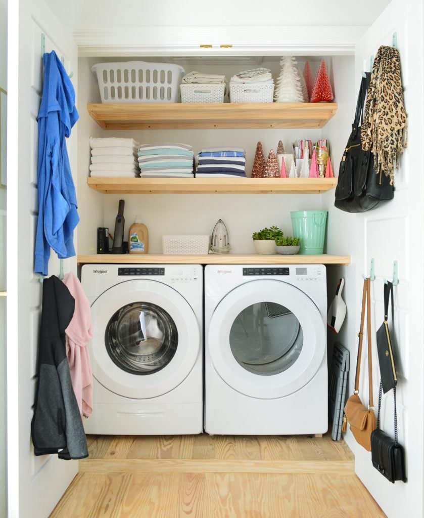 ep176-laundry-closet-with-new-shelves-839x1024-1 Front loading laundry appliances in closet with wood shelves on top