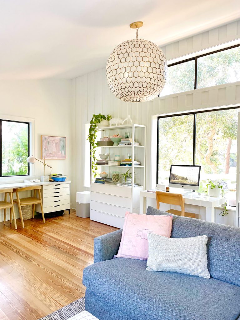 family-room-bookshelf-desk-corner-vertical-768x1024-1 Serena & Lily Capiz Chandelier In Modern Upstairs Family Room With Hardwood Floors