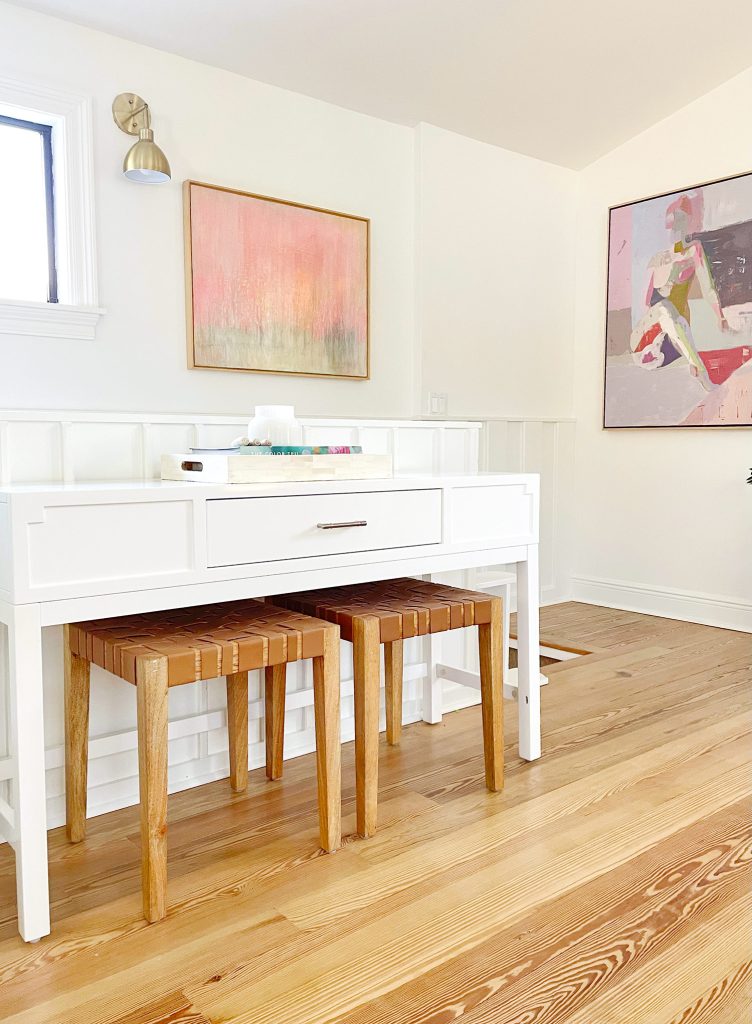 family-room-console-corner-shot-752x1024-1 Console Table In Upstairs Modern Family Room With Leather Benches And Framed Painting Artwork In Background