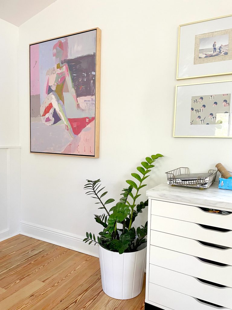 family-room-desk-corner-teil-duncan-painting-768x1024-1 Painting Artwork Hung By Upstairs Family Room Kids Art Desk With ZZ Plant