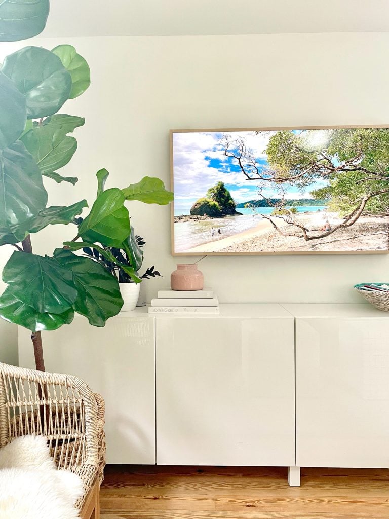 family-room-tv-detail-768x1024-1 Samsung Frame TV Over Ikea Besta Console In Modern Family Room With Faux Fig Tree