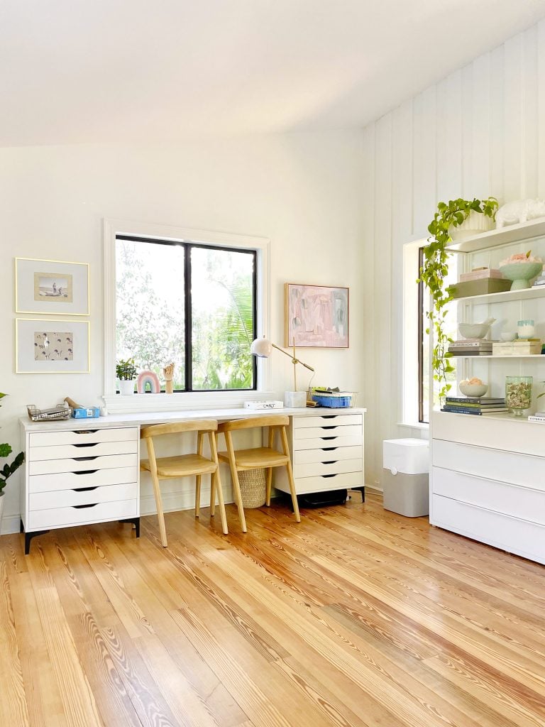 family-room-vertical-desk-wall-768x1024-1 Kids Art Desk In Upstairs Modern Family Room With Two Chairs And File Storage